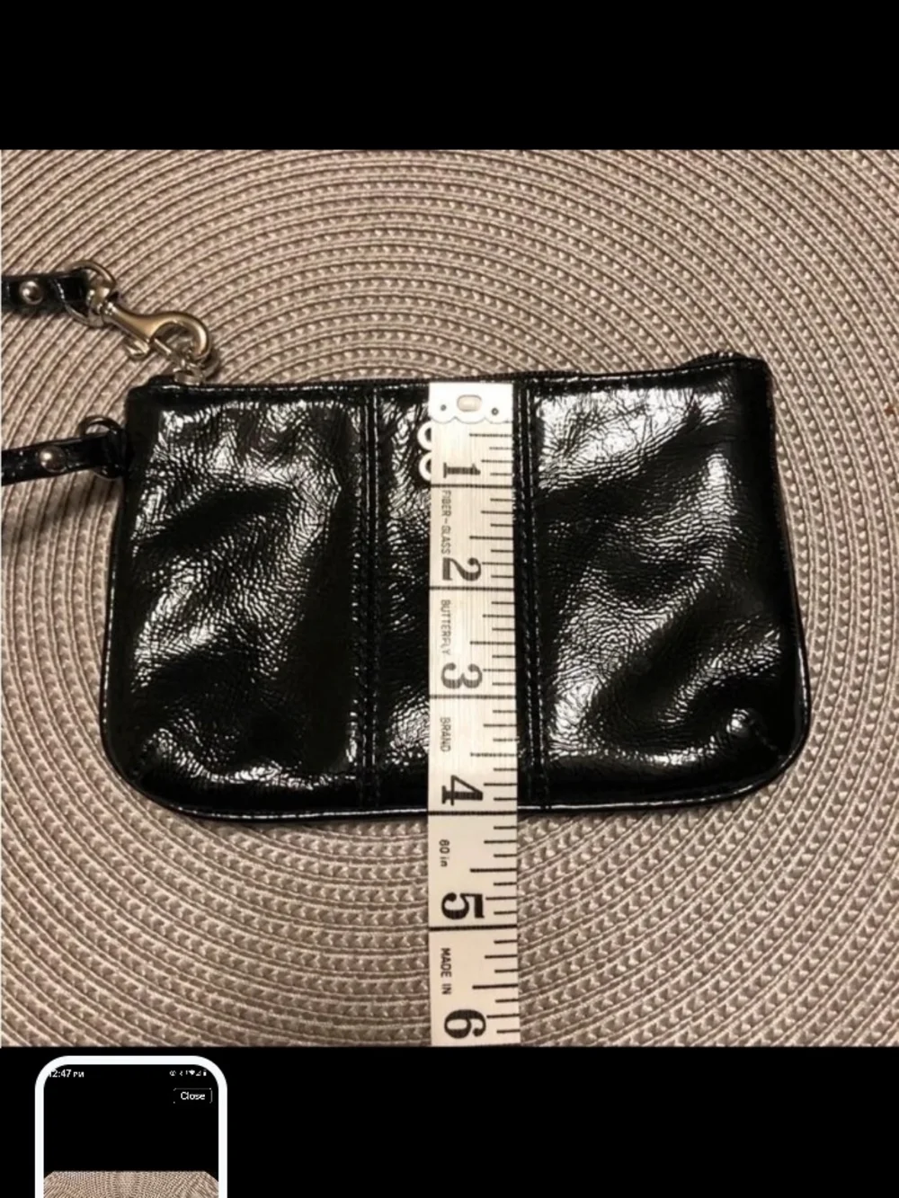 Black Patent Leather Wristlet with Gold Logo And Pink Interior